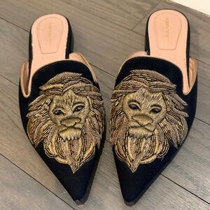 Alberta Ferretti Black and Gold Lion Embroidered Mules